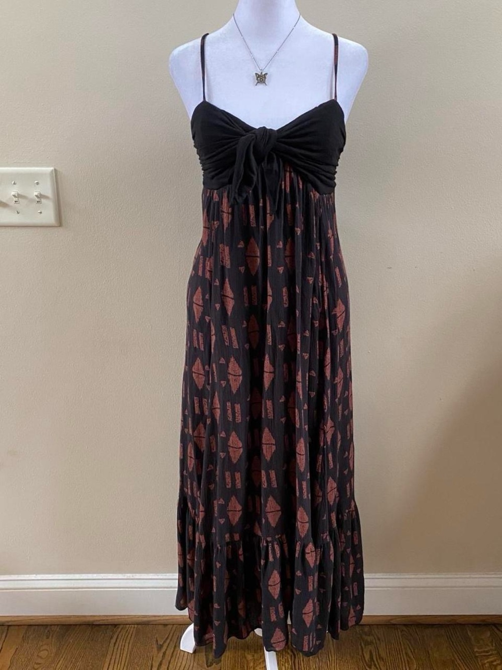 Free People Black Maxi Dress with Rust Geo Print and Front Knot